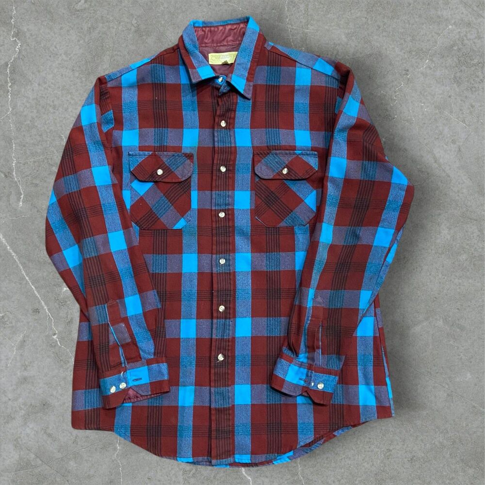 Charleston Bay Vintage Outdoors Plaid Flannel Red Teal Button Up Shirt Men's L